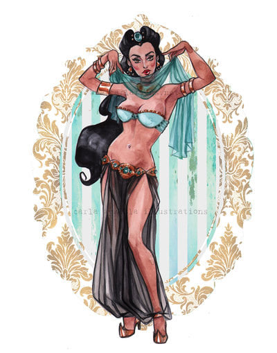 Jasmine Aladdin watercolor pin up disney princess boudoir carlations carla wyzgala