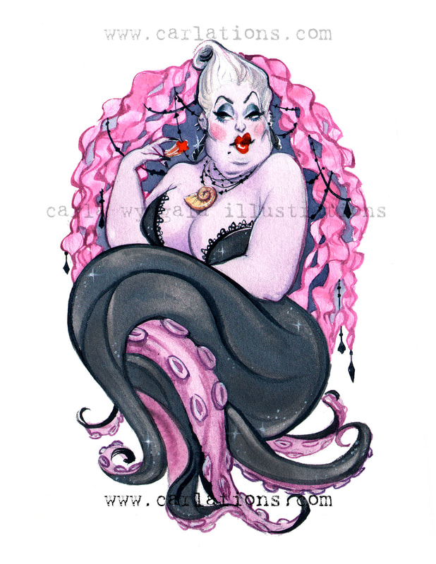 ursula ariel little mermaid disney pin-up watercolor tentacles 